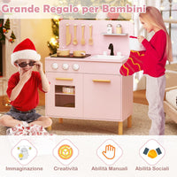 Cucina Giocattolo con Fornelli a Suoni e Luci Reali, Cucina per Bambini in Legno con Lavandelo Estrabile, Rubinetto e Forno, Set Cucina con 11 Accessori, 55 x 31 x 75 cm (Rosa)