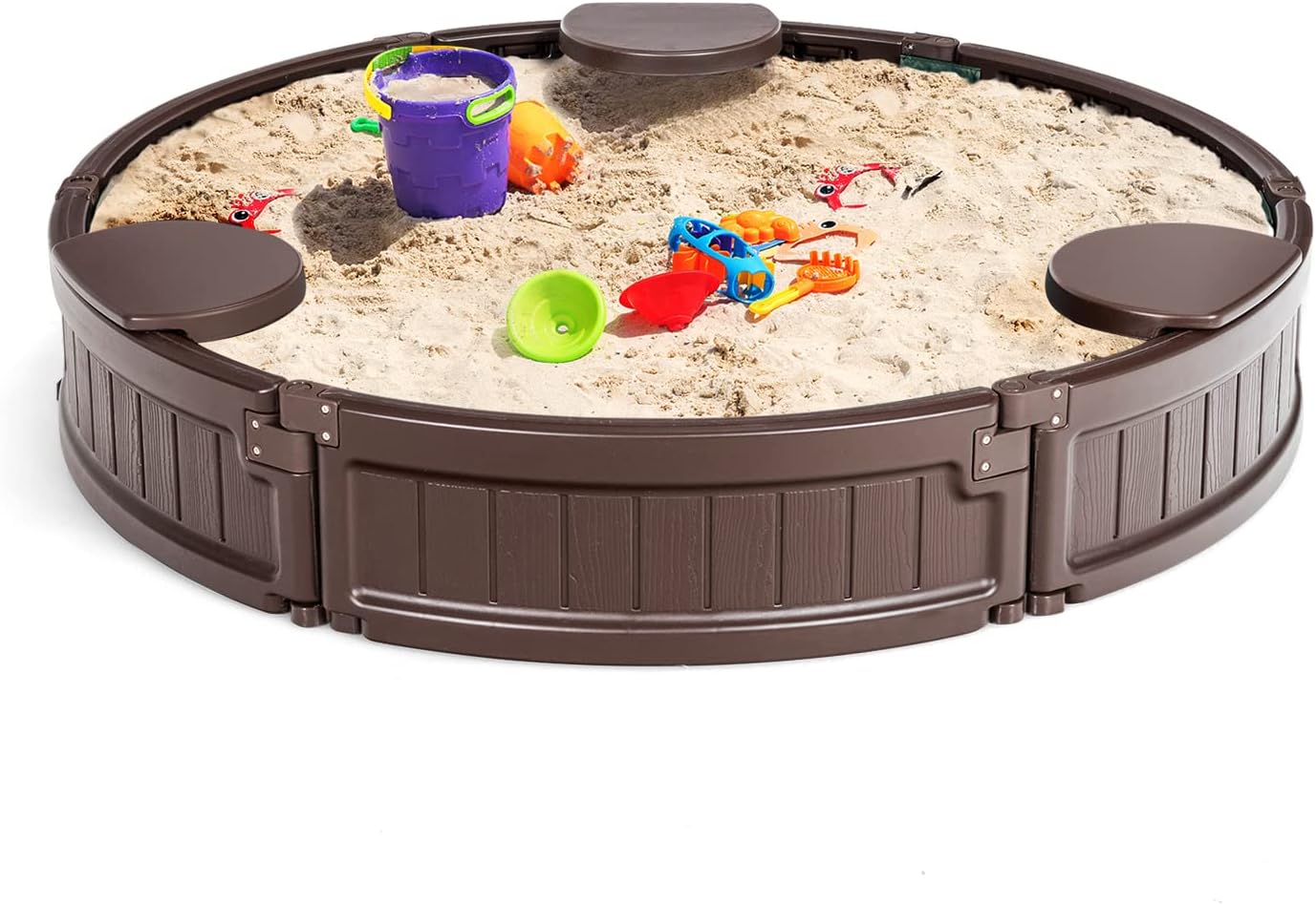 Sabbiera per Bambini con Rotondo Coperchio Impermeabile, Ideale per Giardino, Cortile e Spiaggia,120 x 120 x 21 cm, Marrone