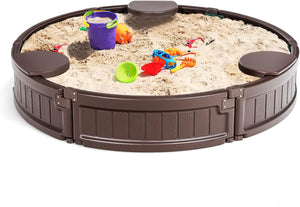 Sabbiera per Bambini con Rotondo Coperchio Impermeabile, Ideale per Giardino, Cortile e Spiaggia,120 x 120 x 21 cm, Marrone