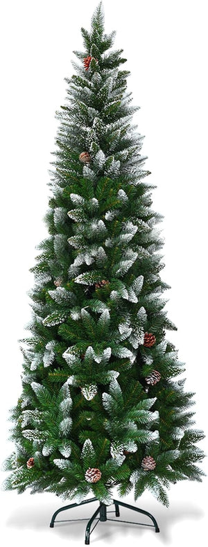 Albero di Natale Innevato 180/220 cm, Albero di Natale Slim con Pigne, Base di Metallo e Rami Rigogliosi in PVC, Albero di Natale per Casa, Ufficio e Negozio (220 cm)
