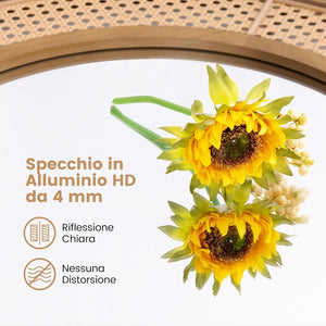 Specchio da Parete Rotondo 40 cm, Specchio con Cornice in Rattan con Vetro in Alluminio, Gancio Metallico, Specchio Decorativo per Soggiorno Camera da Letto Ingresso (Rotondo 40 cm)