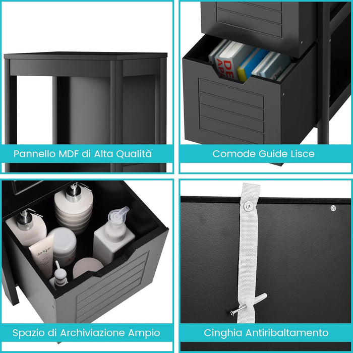 Armadietto da Bagno, Mobile di Legno Multifunzionale, con 2 Cassetti Rimovibili, Scaffale per Casa Ufficio Hotel, 30 x 30 x 89 cm (Nero)
