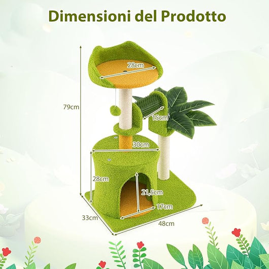 Albero per Gatti da Interno, Albero Tiragraffi con Foglie Artificiali, Condominio, Trespolo, Tiragraffi in Sisal, Autopulente e Pompon in Peluche, Tiragraffi per Gatti a Tema di Foresta