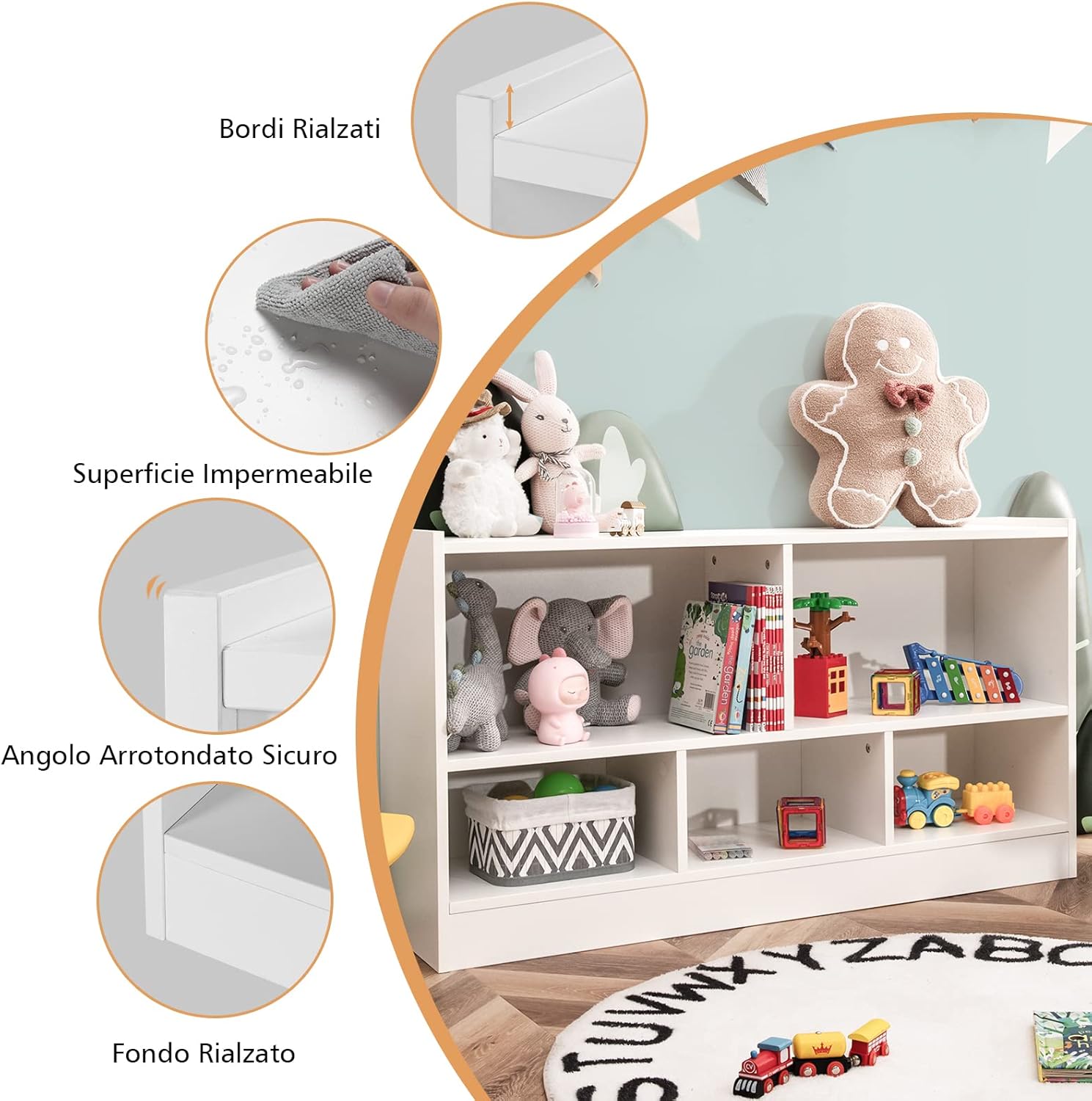 Libreria per Bambini e Organizer Giocattoli, Scaffale di Legno Con 5 Scompartimenti, Per Stanza dei Giochi Camera Dei Bambini Angolo di Lettura Classe Scuola Materna (Bianco)