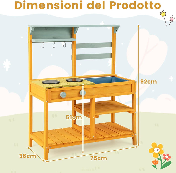 Cucina Giocattolo per Giardino in Legno di Pino, Cucina per Bambini con 2 Fornelli a Manopola, Lavandino e 3 Ganci, Set Cucina con Ripiani Aperti, 75 x 36 x 92 cm (Giallo)