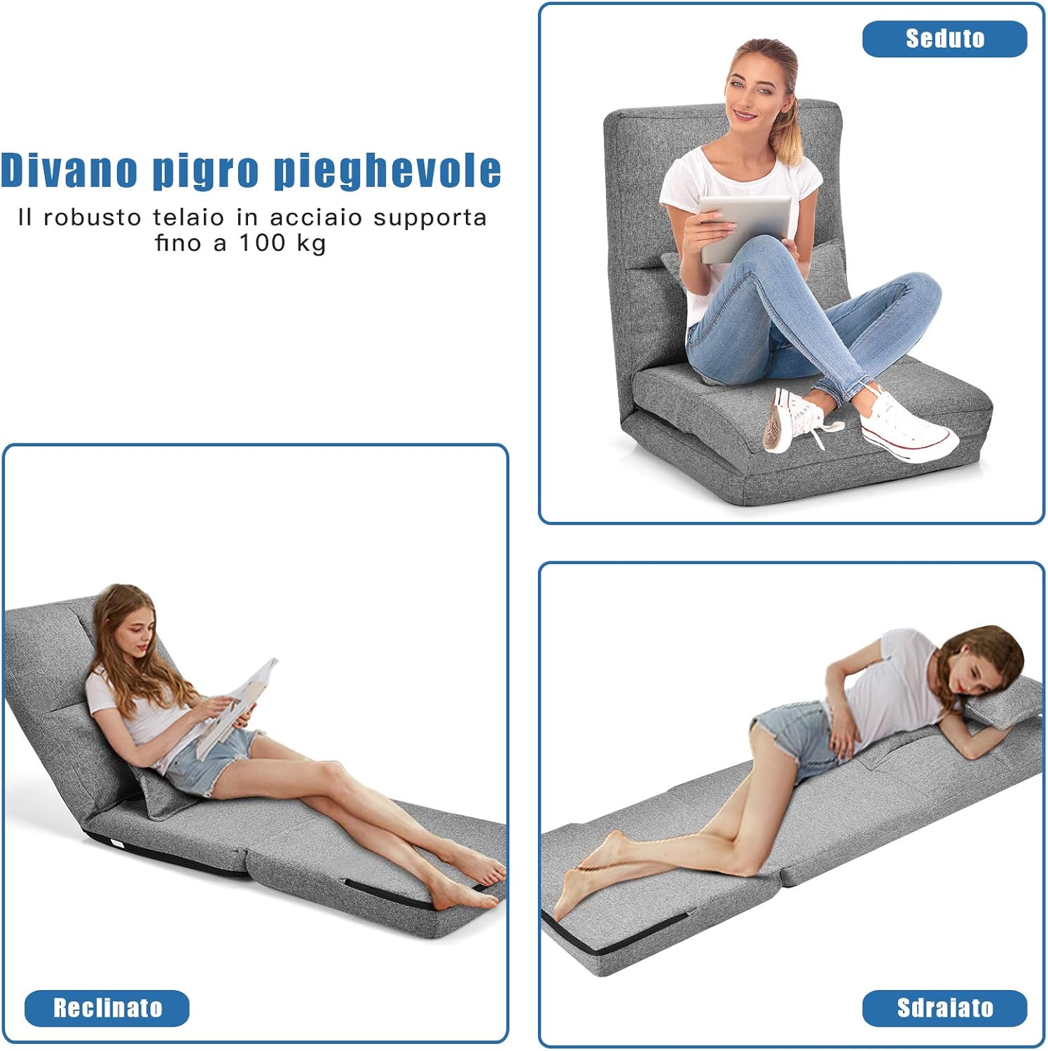 Sedia Pieghevole da Pavimento Portatile, 5 Angoli Regolabile, Cuscino da Seduta con Cuscino per la Schiena, Ideale per Soggiorno Camera da Letto (Grigio)