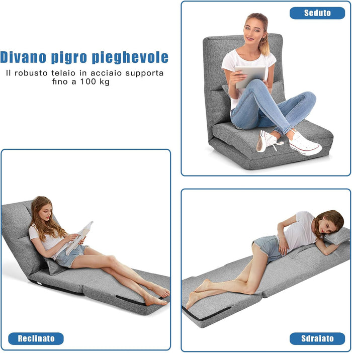 Sedia Pieghevole da Pavimento Portatile, 5 Angoli Regolabile, Cuscino da Seduta con Cuscino per la Schiena, Ideale per Soggiorno Camera da Letto (Grigio)