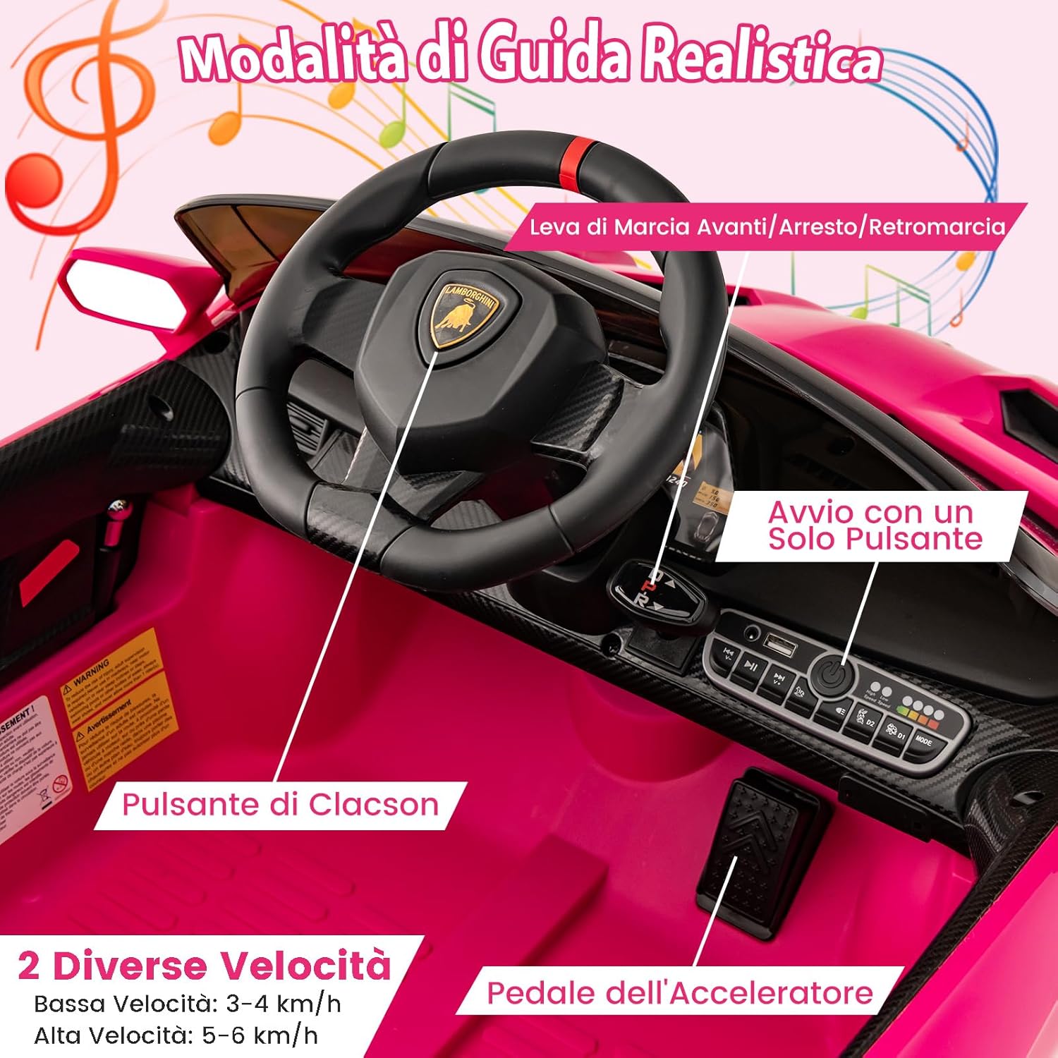Lamborghini Macchina Elettrica per Bambini, Auto Elettrica Cavalcabile con Telecomando Luci LED, 3 Velocità, 3-6 km/h, Modalità Dondolo, per Bambini 3-8 Anni (Rosa)