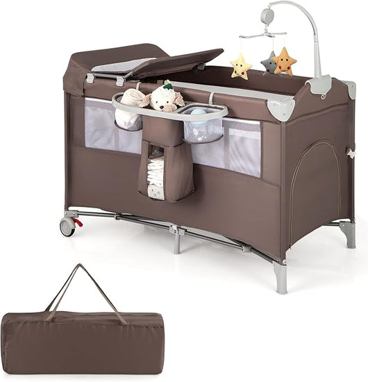 4 in 1 Lettino per Bambini con Materasso, Lettino Culla da Viaggio per Neonati, Culla Neonato con Fasciatoio, Box Portatile Pieghevole, con Ruote e Borsa, 125 x 65 x 119 cm (Caffè)