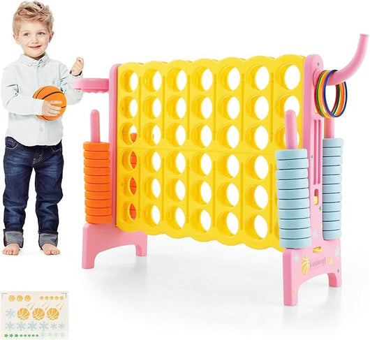 Forza 4 Gigante, Forza Quattro per Bambini con Canestro, Palla, 5 Anelli e 42 Piedine, Giochi Educativi da Esterno ed Interno per Vacanze e Feste, Ideale per Bambini +3 Anni