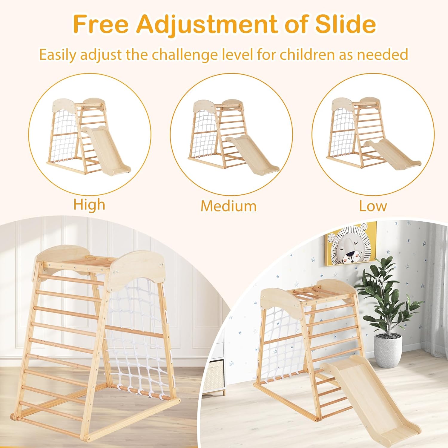 6 in 1 Struttura di Arrampicata, Triangolo da Arrampicata con Scivolo, Barra per Trazioni e Rete per Arrampicata, Parco Educativo per bambini per Interni, 1+ Anno, 105 x 67 x 112 cm (Naturale)