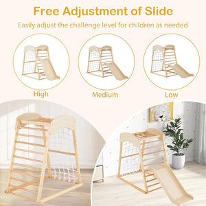 6 in 1 Struttura di Arrampicata, Triangolo da Arrampicata con Scivolo, Barra per Trazioni e Rete per Arrampicata, Parco Educativo per bambini per Interni, 1+ Anno, 105 x 67 x 112 cm (Naturale)