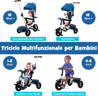 Triciclo per Bambini, Triciclo Pieghevole con Sedile Reversibile, Cappottina e Maniglia Regolabile, Ringhiera Rimovibile, Poggiapiedi Pieghevole, Passeggino Multifunzionale per 1-5 Anni(Blu)