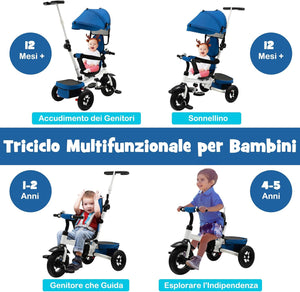 Triciclo per Bambini, Triciclo Pieghevole con Sedile Reversibile, Cappottina e Maniglia Regolabile, Ringhiera Rimovibile, Poggiapiedi Pieghevole, Passeggino Multifunzionale per 1-5 Anni(Blu)