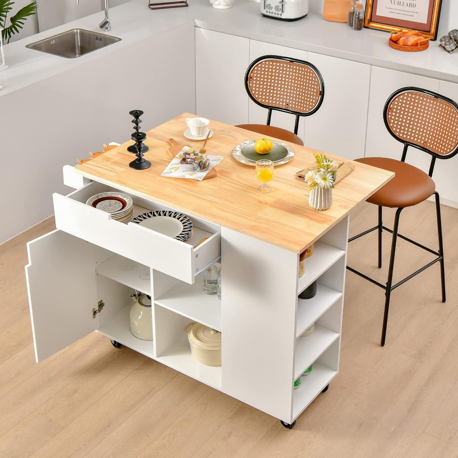 Carrello da Cucina con Cassetto, Carrello Servizio con Ripiano Aperto e Pieghevole, Carrello Multiuso con Ruote e Portasciugamani, 124x76x92 cm (Bianco)