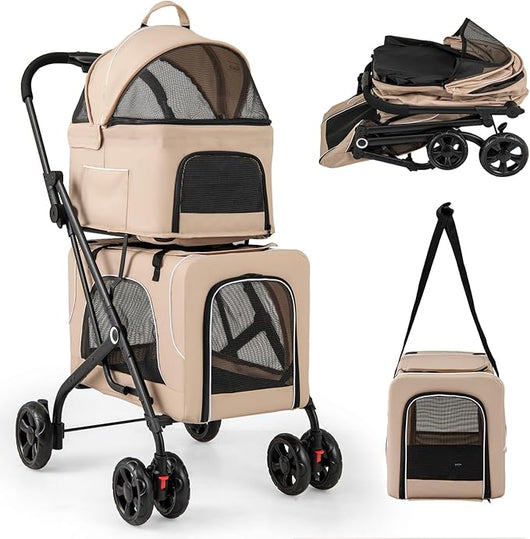 Passeggino per Cani a 2 Posti 3 in 1, Carrozzina per Animali con 2 Trasportini Rimovibili e Cintura di Sicurezza, Carrello per Animali di Piccola o Media Taglia (Beige)