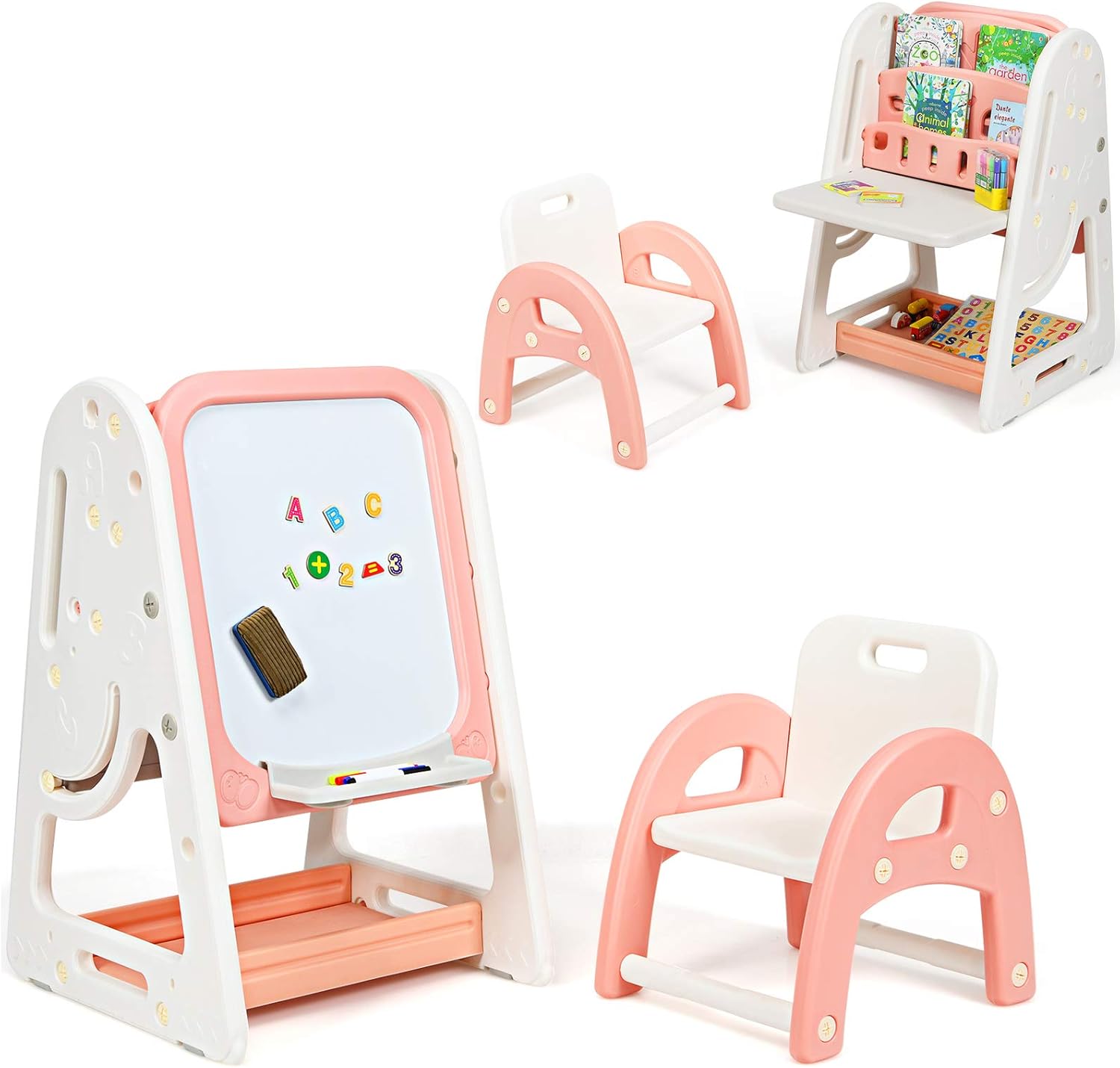 Cavalletto per Dipingere 2 in 1 Multifunzione per Bambini Altezza Regolabile, Libreria Bambini Lavagna Doppia Faccia , con Sedia e Accessori (Rosa-Arancione)