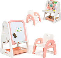Cavalletto per Dipingere 2 in 1 Multifunzione per Bambini Altezza Regolabile, Libreria Bambini Lavagna Doppia Faccia , con Sedia e Accessori (Rosa-Arancione)