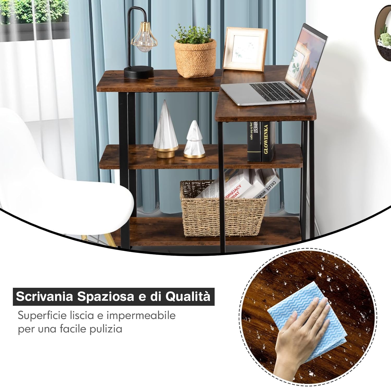 Tavolo Laterale da Divano Grande, Tavolo da Salotto Pieghevole e Girevole a 3 Ripiani con Mensole e Ruote, Tavolo Multiuso in Metallo e Legno da Salotto e Ufficio (Caffè)