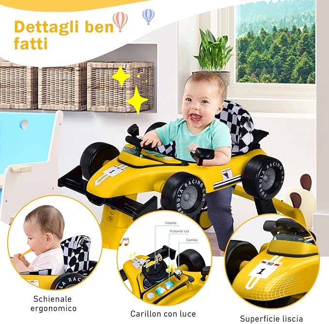 Girello per Bambini 4 in 1, Girello Pieghevole con Altezza e Velocità Regolabili, Carillon con Luci, Volante, Primi Passi per Bambini 6-18 Mesi, Portata 15 kg (Giallo)