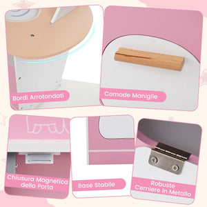 Cucina Giocattolo Angolare con Fornelli e Micronde da Suoni e Luci, Cucina per Bambini in Legno con Macchina Caffè, Lavandelo, Forno e Lavatrice, Set Cucina con Accessori (Rosa)