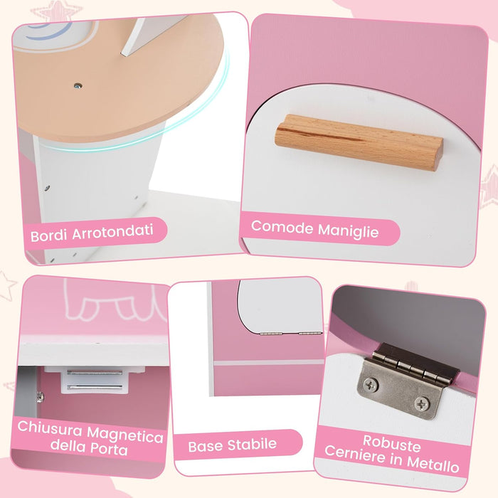 Cucina Giocattolo Angolare con Fornelli e Micronde da Suoni e Luci, Cucina per Bambini in Legno con Macchina Caffè, Lavandelo, Forno e Lavatrice, Set Cucina con Accessori (Rosa)