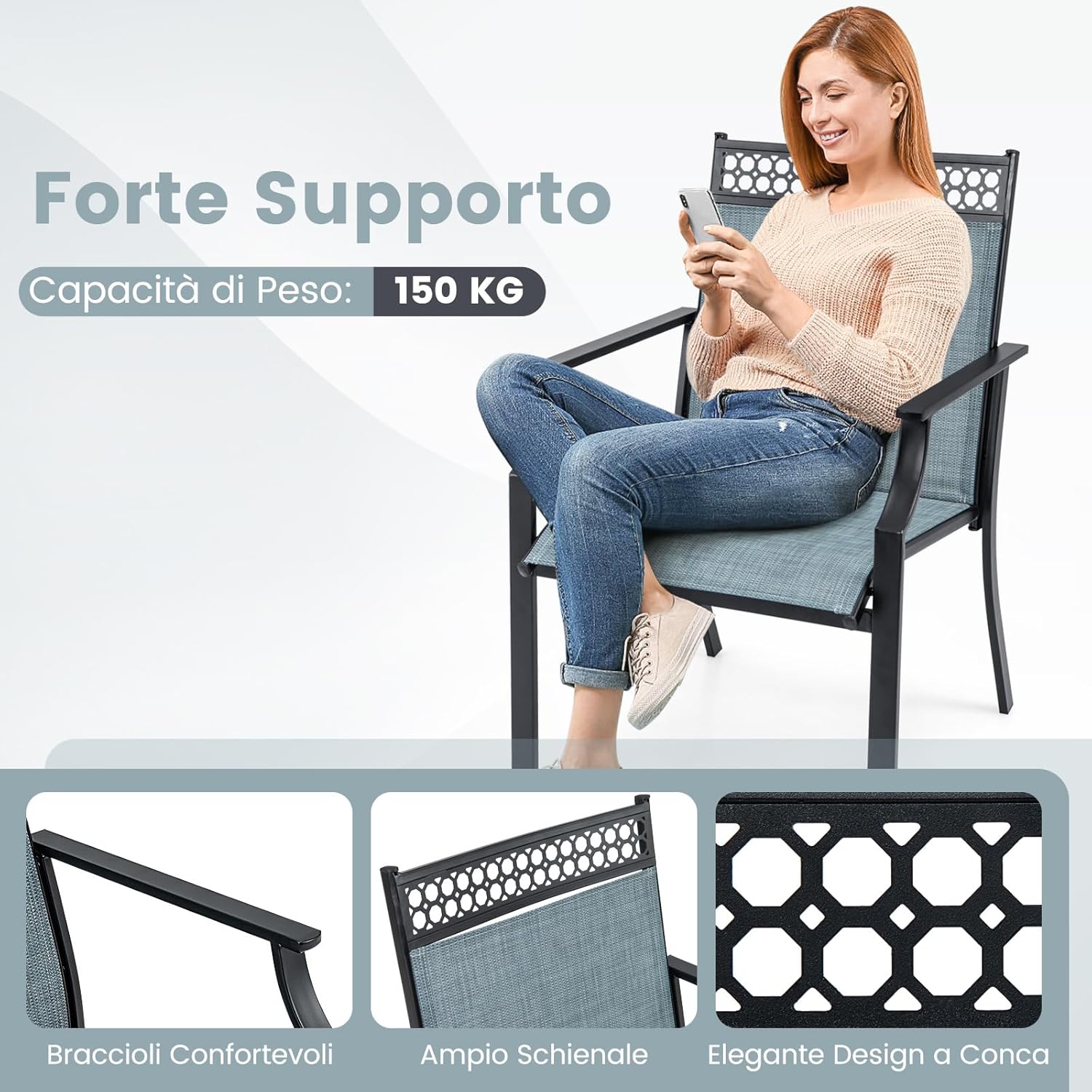 Set di 2 Sedie da Giardino in Textilene, Sedie da Esterno con Schienale Alto, Braccioli, Robusto Telaio in Metallo, Fino a 150 kg, per Patio Terrazza Balcone (Blu + Nero)