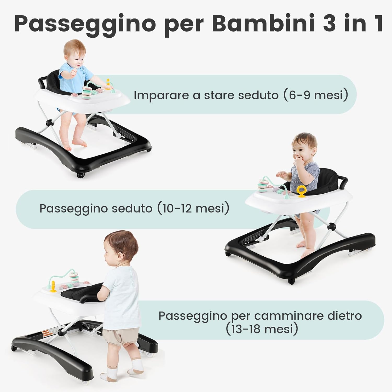 3 in 1 Girello per Bambini, Girello Pieghevole per Bambini, con 3 Altezze Regolabili, Sedile Imbottito e Piatto Giocattolo Rimovibile, Girello a Spinta con Ruote, per Bambini 6+ Mesi (Nero)
