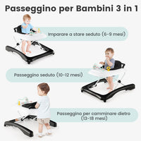 3 in 1 Girello per Bambini, Girello Pieghevole per Bambini, con 3 Altezze Regolabili, Sedile Imbottito e Piatto Giocattolo Rimovibile, Girello a Spinta con Ruote, per Bambini 6+ Mesi (Nero)