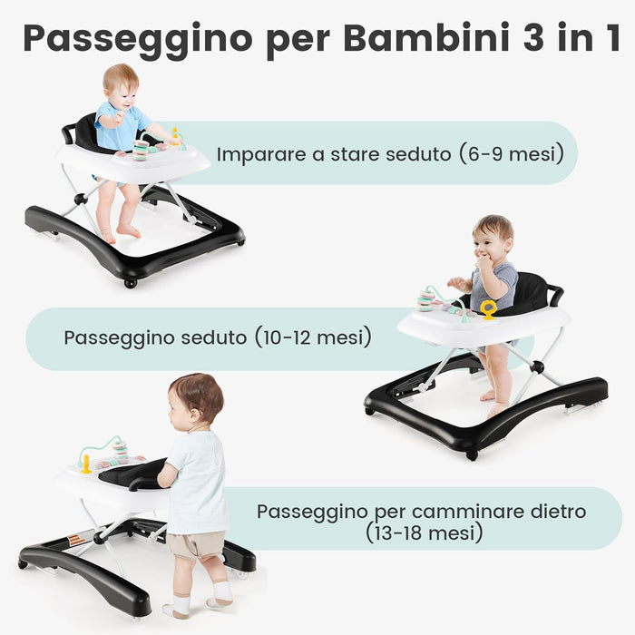 3 in 1 Girello per Bambini, Girello Pieghevole per Bambini, con 3 Altezze Regolabili, Sedile Imbottito e Piatto Giocattolo Rimovibile, Girello a Spinta con Ruote, per Bambini 6+ Mesi (Nero)