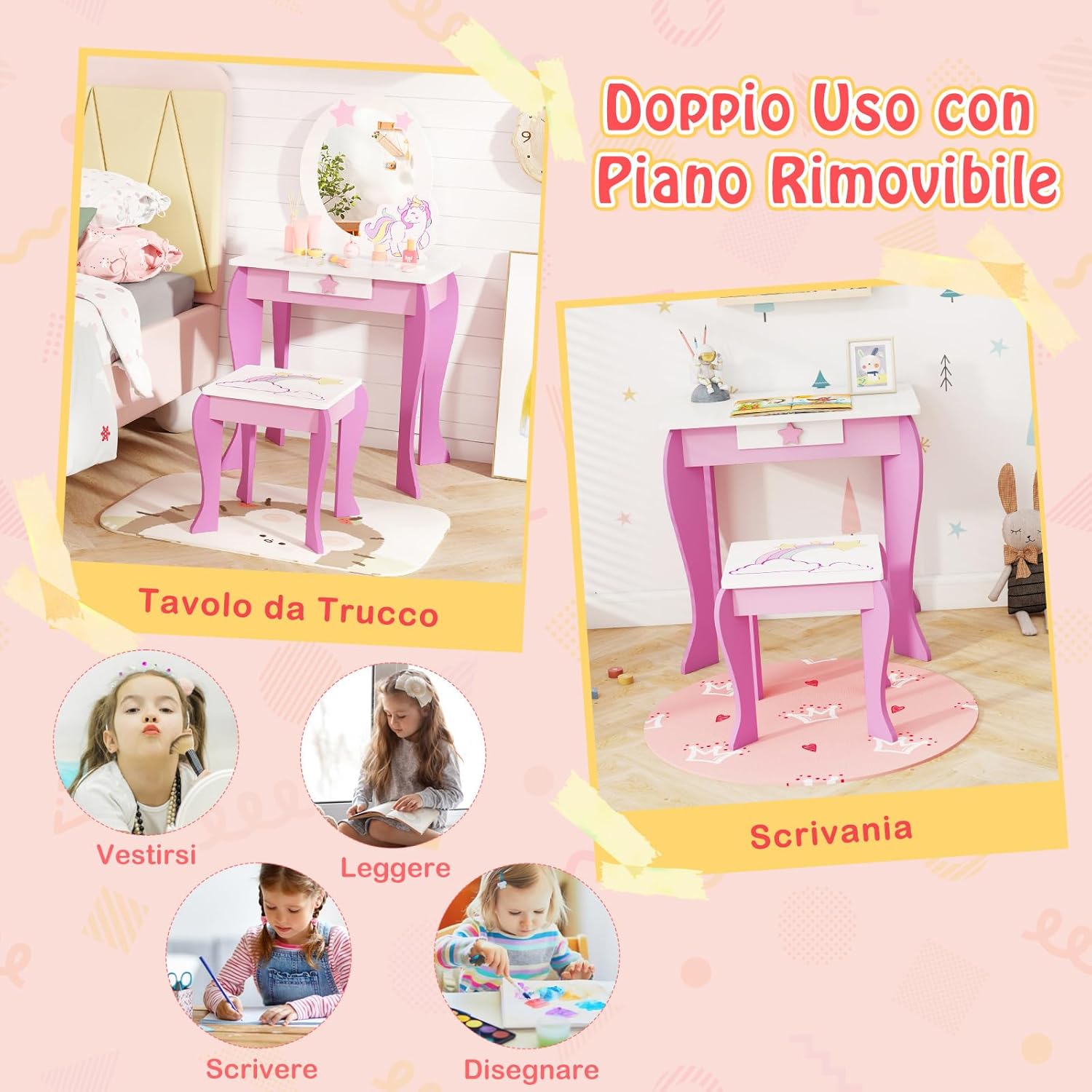 Set Toeletta per Ragazza, Toeletta Trucco per Bambini con Sgabello, Specchio Staccabile e Cassetto, Postazione Trucco in Legno per Cameretta 49.5 x 35.5 x 89cm (Rosa)