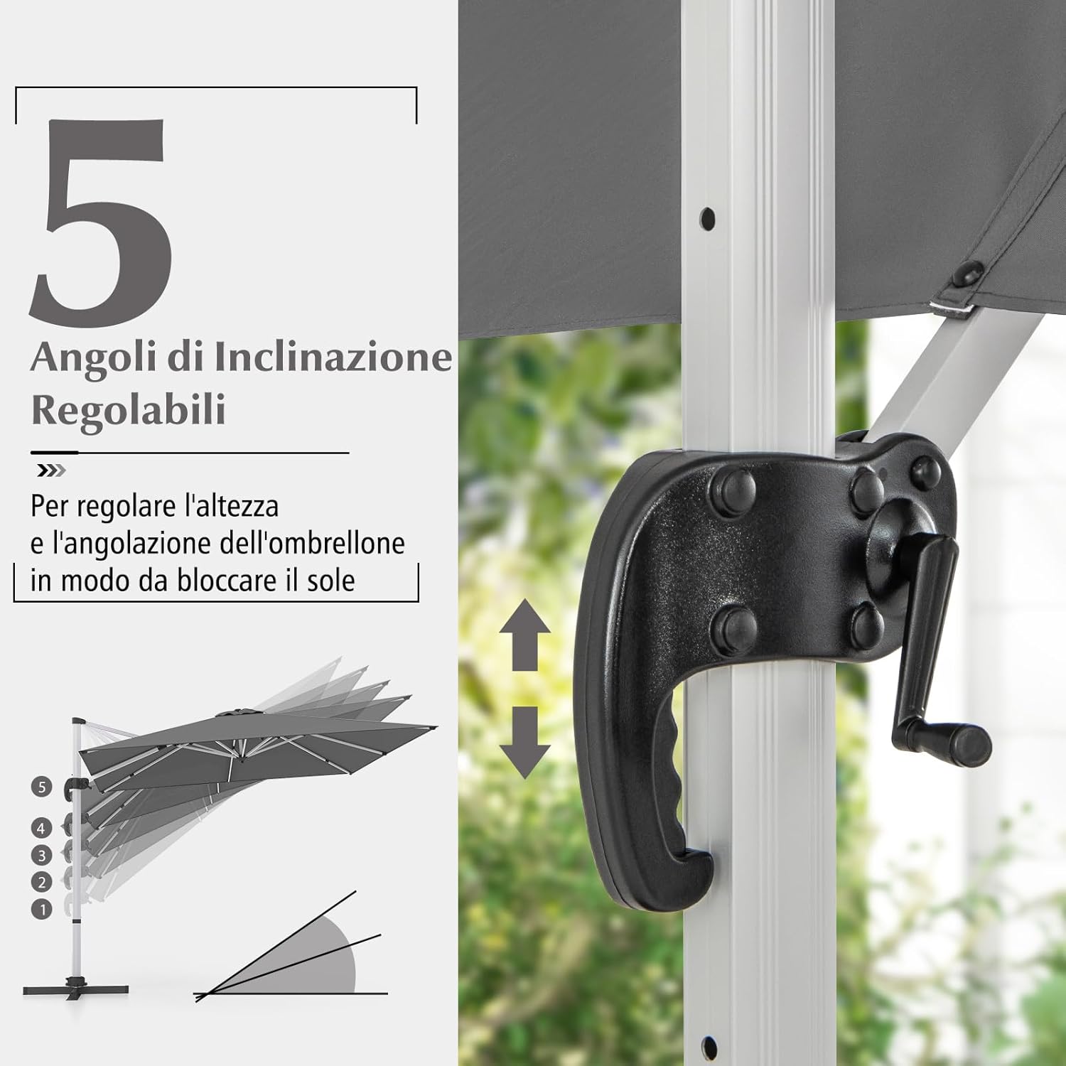 Ombrellone da Giardino 300 cm, Ombrellone Quadrato da Esterno con Rotazione a 360°, Inclinazione Regolabile, Base a Croce, 8 Stecche (Grigio, 300 x 300 x 261 cm)