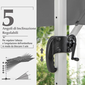 Ombrellone da Giardino 300 cm, Ombrellone Quadrato da Esterno con Rotazione a 360°, Inclinazione Regolabile, Base a Croce, 8 Stecche (Grigio, 300 x 300 x 261 cm)