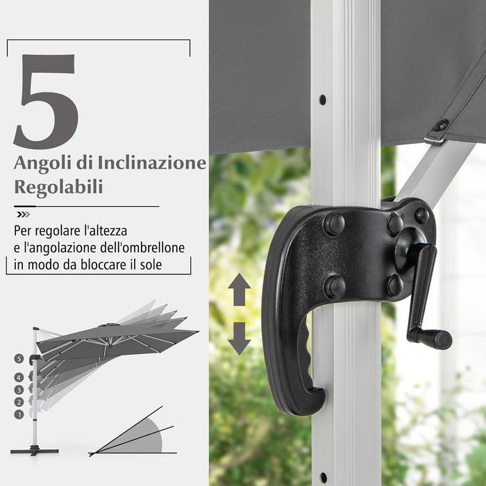 Ombrellone da Giardino 300 cm, Ombrellone Quadrato da Esterno con Rotazione a 360°, Inclinazione Regolabile, Base a Croce, 8 Stecche (Grigio, 300 x 300 x 261 cm)