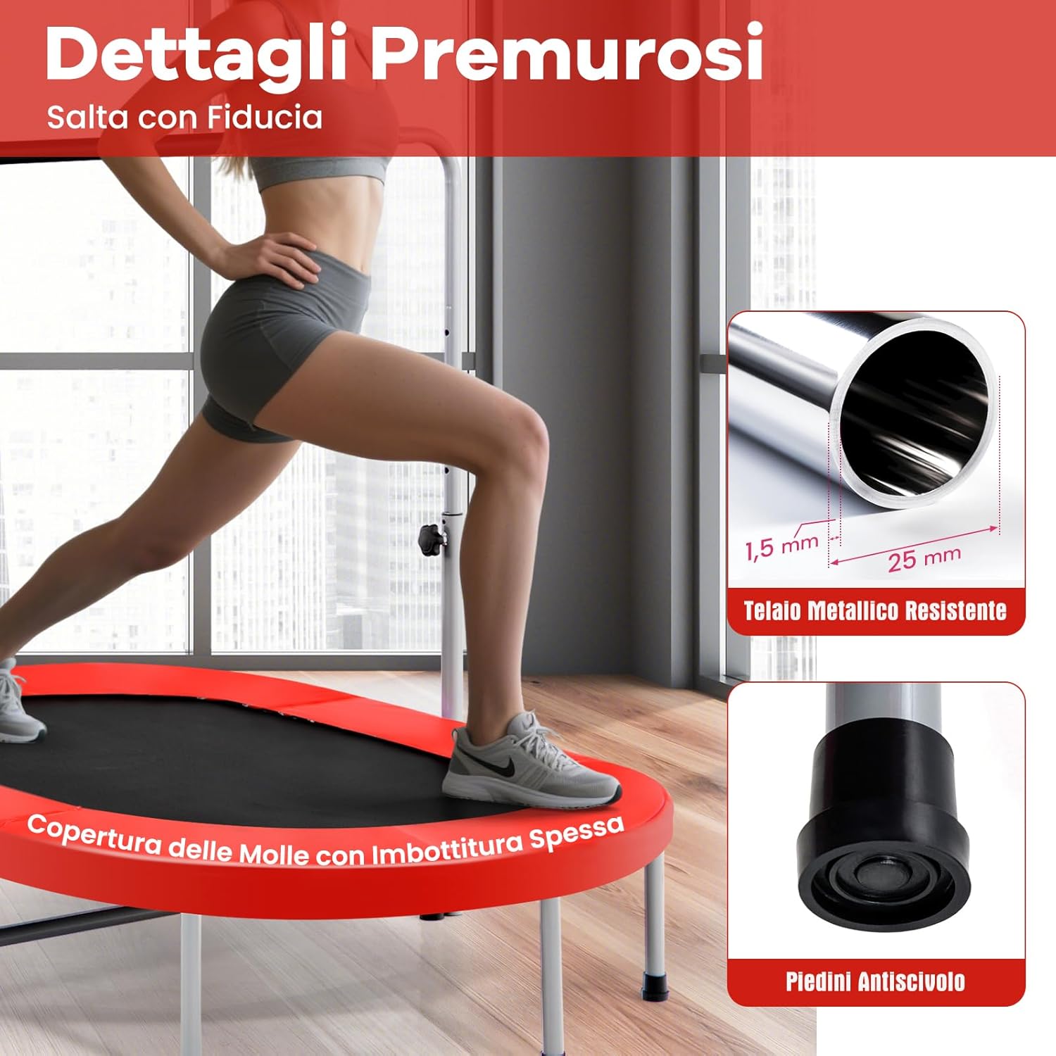 Trampolino Elastico da Interno ed Esterno, Tappetino Elastico Pieghevole per Adulti e Bambini con Maniglia Regolabile, Molle e Cuscinetto di Sicurezza, Trampolino Ovale per 2 Persone