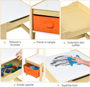 Tavolino Bambini 3 in 1, Set Tavolo e Sedie per Bambini con Lavagna Rimovibile e 2 Sedie con Cestini Portaoggetti, Scrivania Multiuso per Cameretta e Soggiorno (Legno)