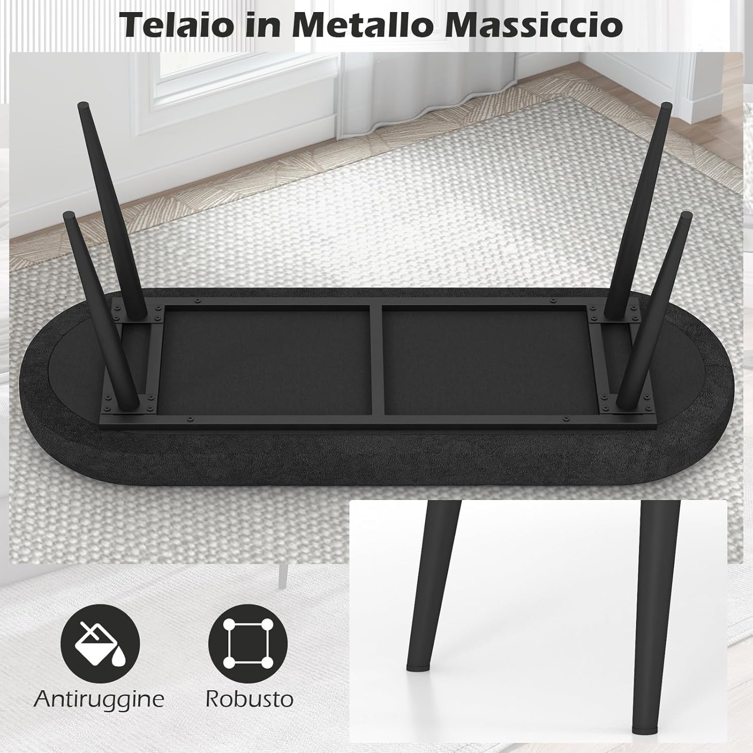 Panca Scarpiera da 113 cm, Panca da Ingresso con Cuscino Imbottito in Spugna e Gambe Metalliche Solide, Panca Fondo Letto per Soggiorno Camera da Letto, Carico 300 kg (Nero)