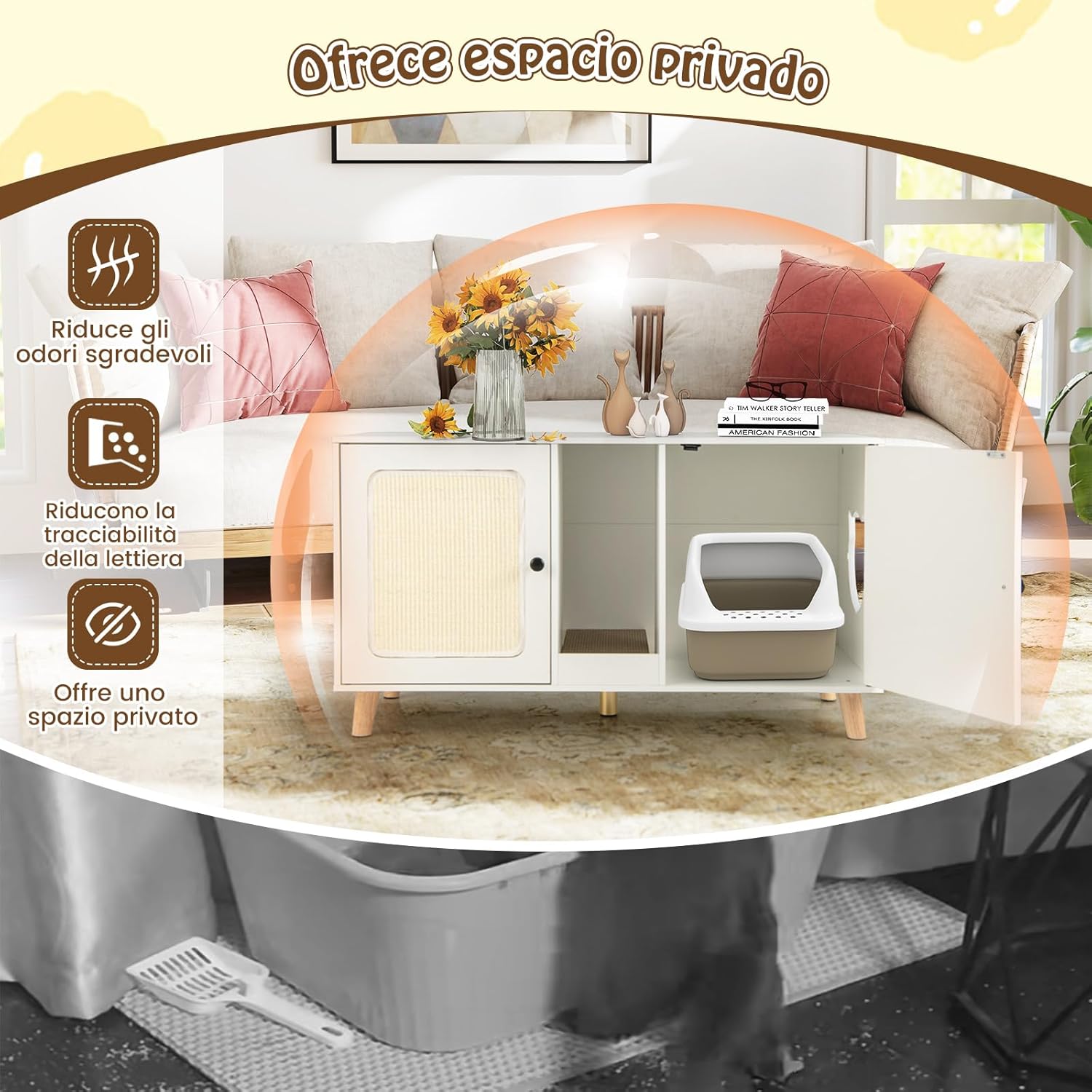 Lettiera Chiusa per Gatti 108 x 50 x 60 cm, Mobile per Lettiera Nascosta per Gatti con 2 Tappetini in Sisal e Ingresso a Forma di Testa di Gatto, Casetta per Animali Domestici (Bianco)