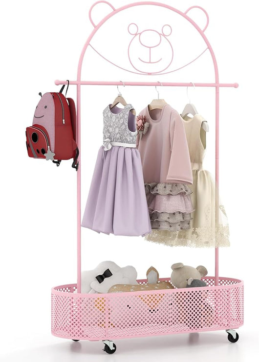 Appendiabiti per Bambini con 3 Altezze Regolabili, Supporto per Abiti con Ruote, con Asta e Cesto Portaoggetti in Ferro, per Stanza dei Bambini Soggiorno, 81x34x182 cm