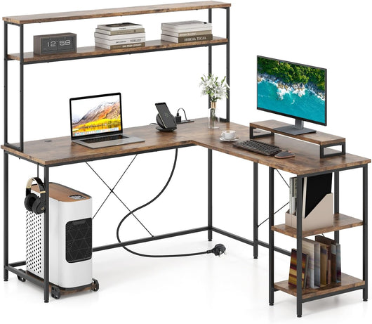 Scrivania per computer a forma di L convertibile con LED, ripiani aperti e supporto per monitor, gancio laterale, stazione di ricarica, 145 x 145 cm, per ufficio, studio (marrone)