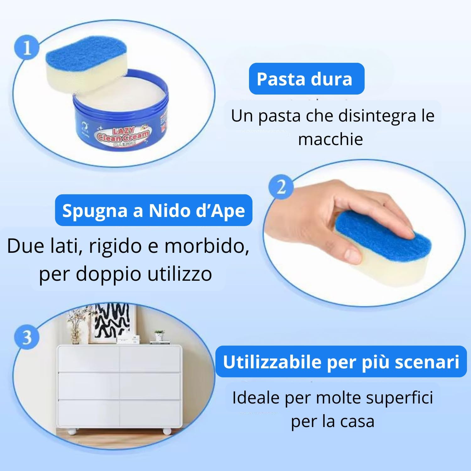 Pasta Pulente Multiuso 400g, con Spugna + Panno Magico Microfibra, Anticalcare Doccia, Azione Antigoccia, Brilla Acciaio, Vetri e Superfici, Detergente Universale Biodegradabile.