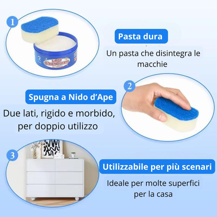 Pasta Pulente Multiuso 400g, con Spugna + Panno Magico Microfibra, Anticalcare Doccia, Azione Antigoccia, Brilla Acciaio, Vetri e Superfici, Detergente Universale Biodegradabile.