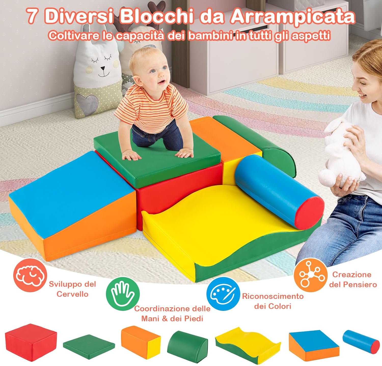 Set 7 Blocchi in Schiuma per Bambini, Set Gioco da Arrampicata con Rivestimento Rimovibile in Pelle Artificiale, Blocchi di Costruzione Morbidi per Bambini da Interno, Multi-Colore