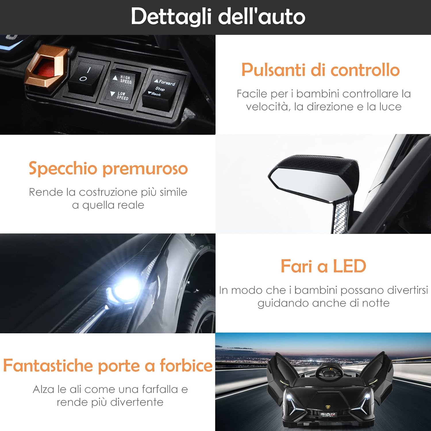 Macchina Elettrica Lamborghini per Bambini da 12V, Veicolo Elettrico Cavalcabile con Luci LED MP3 Telecomando, Fino a 5km/h, +3 Anni (Nero)