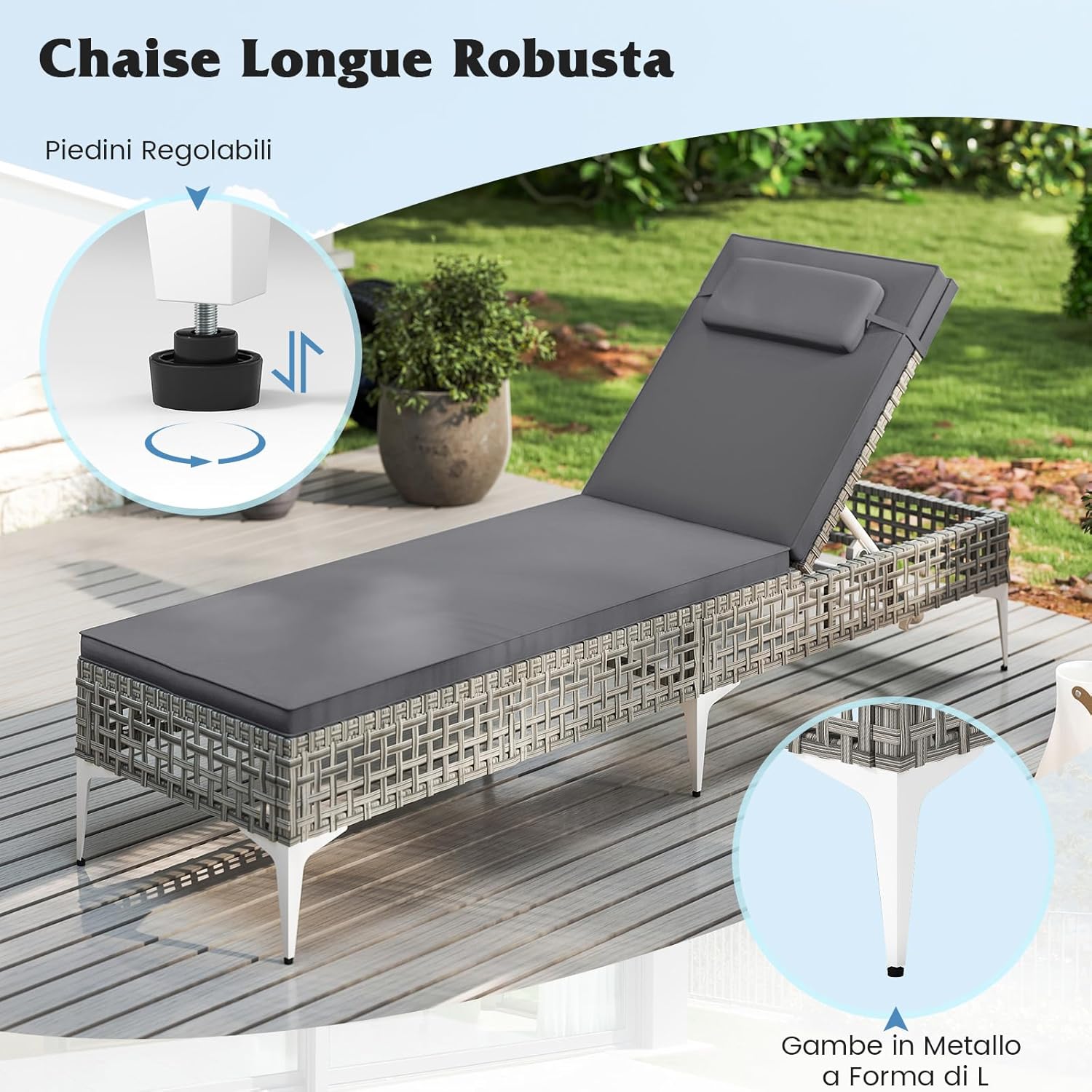 Lettino Prendisole Giardino in Rattan PE, Sedia a Sdraio da Patio, con Schienale Regolabile a 6 Livelli, Cuscino e Poggiatesta Removibili, Lettino Esterno per Piscina Terrazza, Portata 180 kg