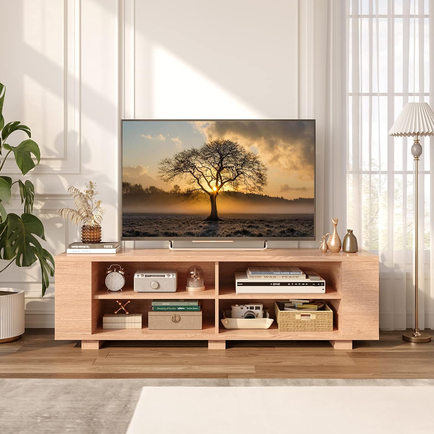 Mobile Porta TV per TV Fino a 65 Pollici, Mobile TV a 3 Livelli con 4 Scomparti Aperti, 4 Vani Laterali, Fori per Cavi, Stile Moderno, 150 x 39 x 45 cm (Naturale)