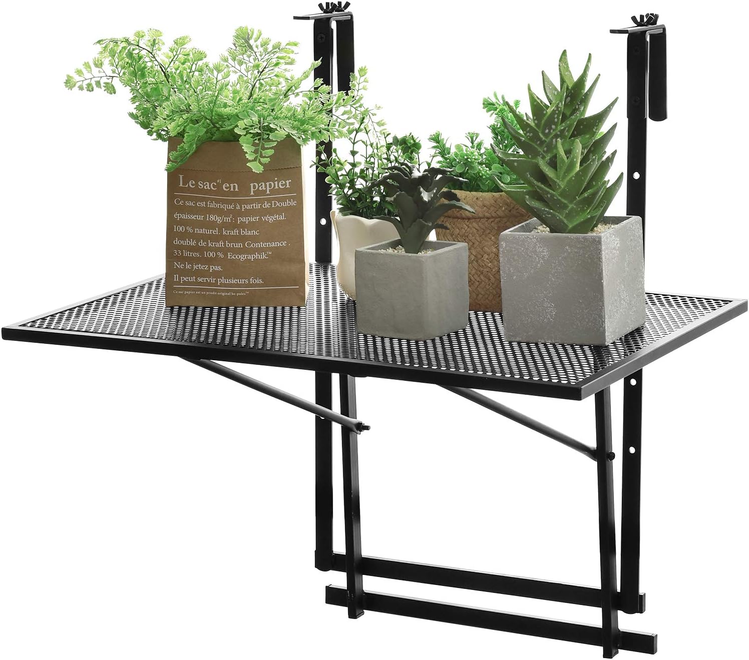 Tavolino Pieghevole da Balcone, Regolabile in Altezza, Tavolo da Appendere a Sospensione di Ferro, Nero, 60,5 x 40,5 x 61,5-82,5 cm