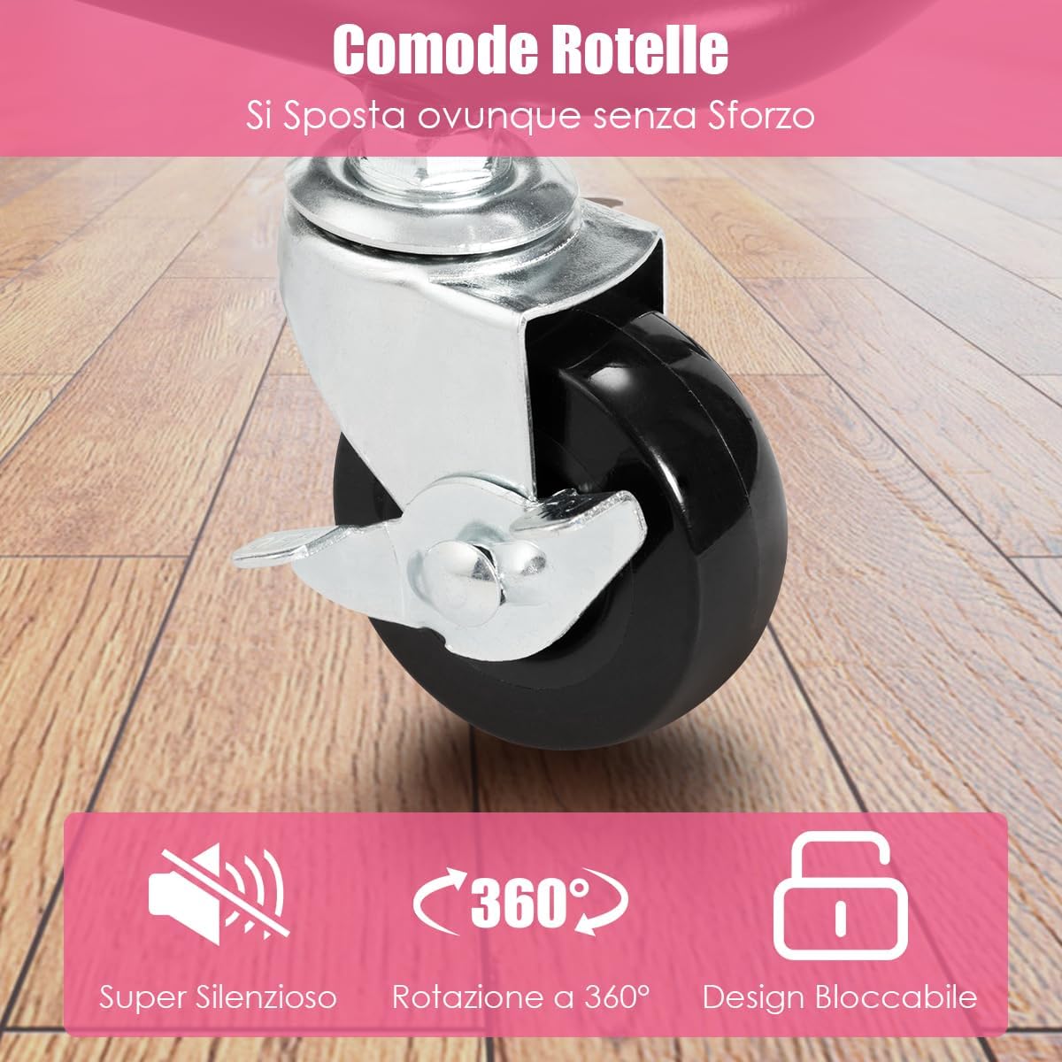 Carrello con 3 Cesti e Maniglia, Carrello Multifunzione con Ruote, Carrellino di Stoccaggio per Bagno Cucina e Ufficio, 87 x 35 x 42 cm (Rosa)