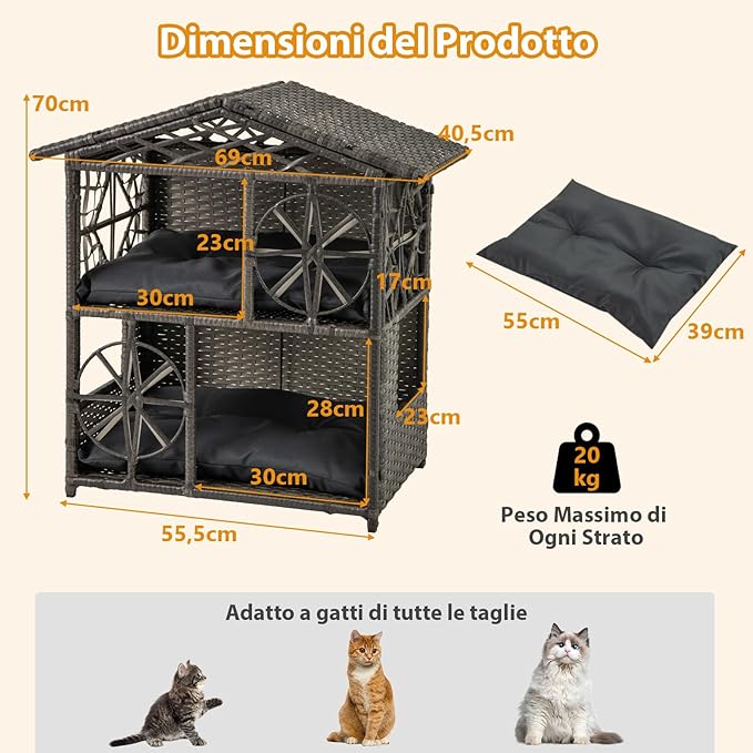 Casa per Gatti in Vimini a 2 Piani, Recinto per Gattini in Rattan con Cuscini Rimovibili, Tetto, Finestre e Porte, Rifugio Elevato da Interno ed Esterno per Conigli e Gattini