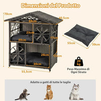 Casa per Gatti in Vimini a 2 Piani, Recinto per Gattini in Rattan con Cuscini Rimovibili, Tetto, Finestre e Porte, Rifugio Elevato da Interno ed Esterno per Conigli e Gattini
